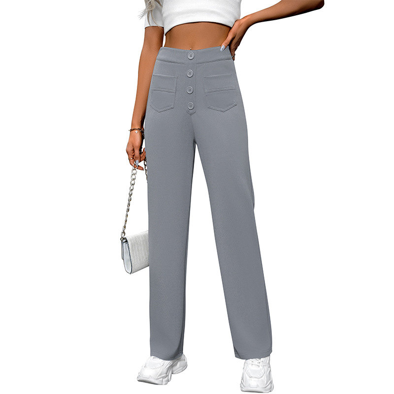 Women's Vintage High Waist Straight Pants with Button Pockets Loose Wide Leg Fashionable Anti-Wrinkle Trousers
