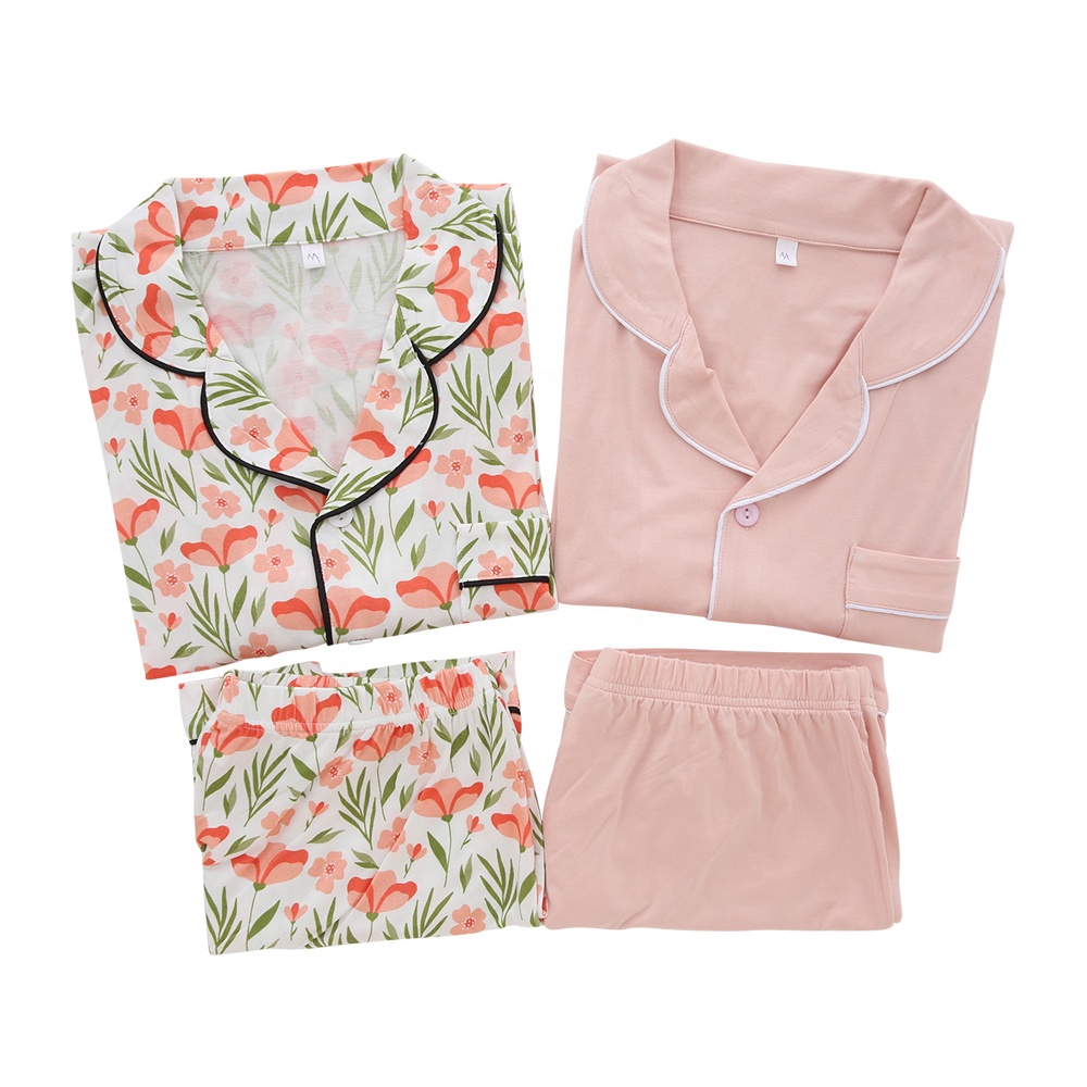 Summer Short Sleeve Custom Pajamas for Women Floral Print Turn Down Collar Women Pajamas Set Bamboo Fabric Women Sleep Wear Set
