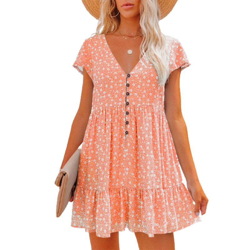 2022 Hot Sales V Collar Button Small Floral Short Sleeve Loose Casual Dress