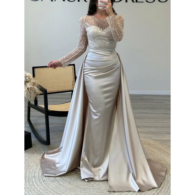 Women's Long Sleeve Elegant Socialite Sequin Evening Dress Luxury Formal Gown for Banquet Annual Meeting Party Host Even