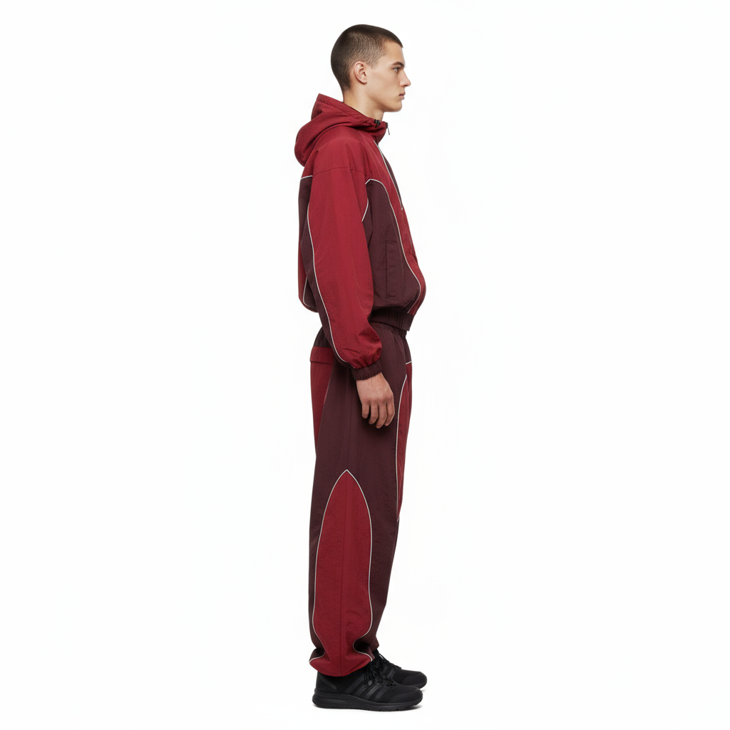 Custom Men's Vintage 3D Cyberpunk Inspired Hoodie Set Woven Nylon Patchwork Seamless Fluid Paneling Reflective Piping Futuristic
