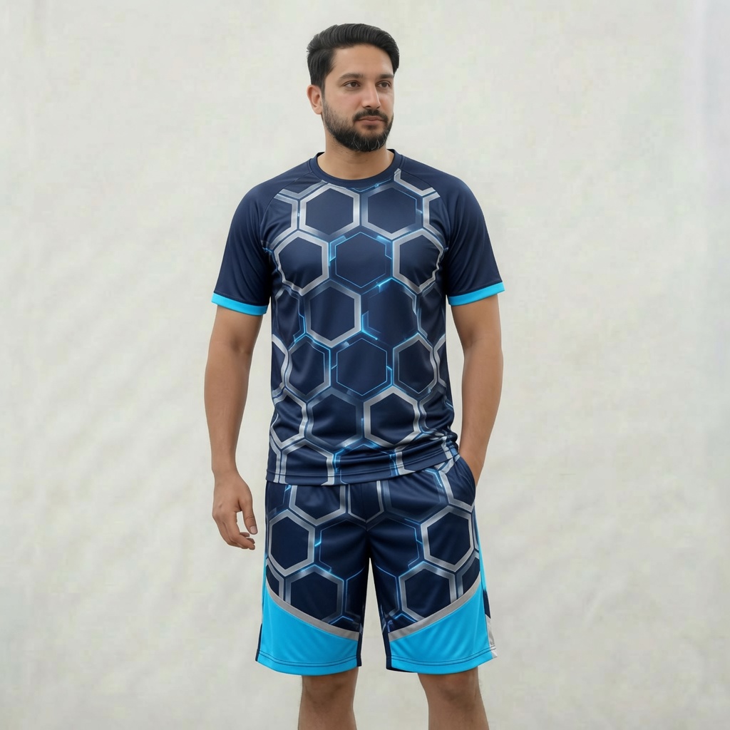 Men's Geometric Print Sporty Shirt Set Round Neck Quick Dry Knitted Summer Outfit Blue Hexagon Pattern