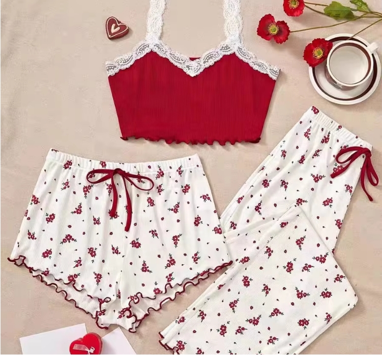 Women's Sleepwear Sexy Solid Cami Top Flower Print Shorts Pants Home Wear Pajamas Set Korean Sexy Soft Milk Silk 3in1 Nightwear