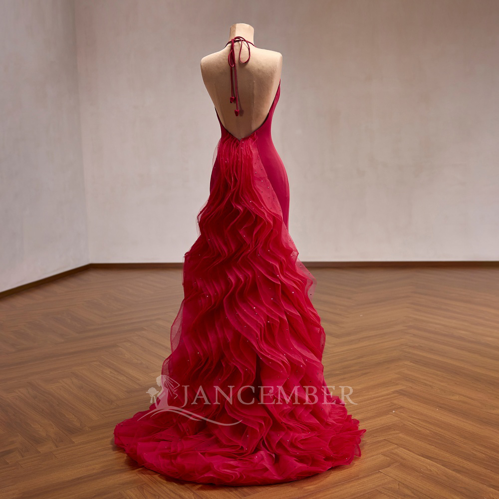 Rsm251077 Elegant Red Halter Evening Dress Sleeveless Ruffles Customizable Prom Gown Jancember