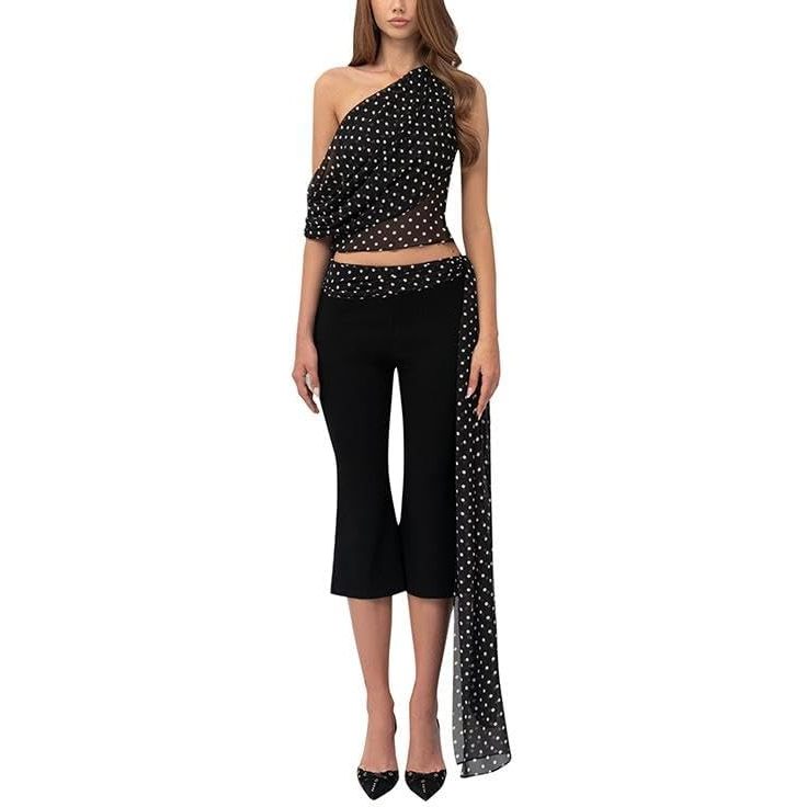 Custom 2026 Women's 2 Piece Set Mesh Polka Dot Top Pants Sleeveless Chiffon Sexy Club Wear Spring Summer Breathable