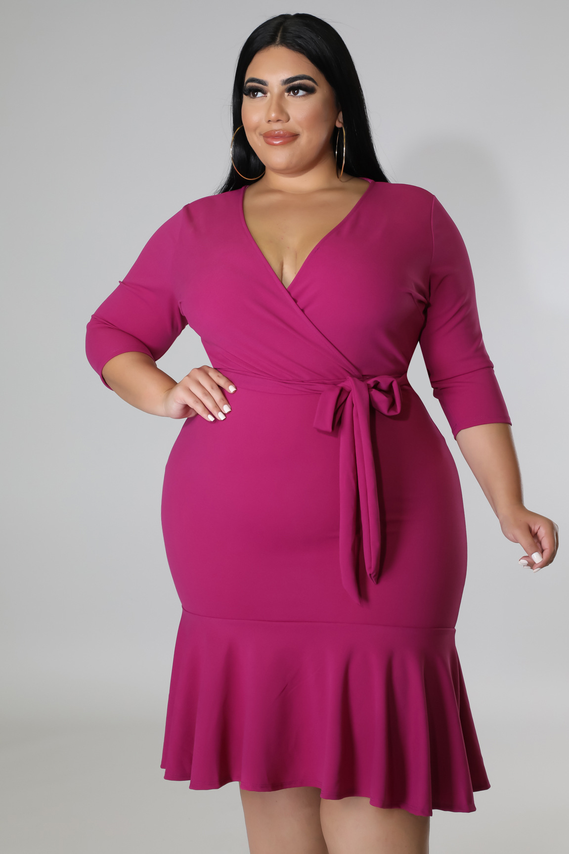 2024 Plus Size Women's Half Sleeved Elastic Deep V Ruffled Cuffs Plus Size Dress