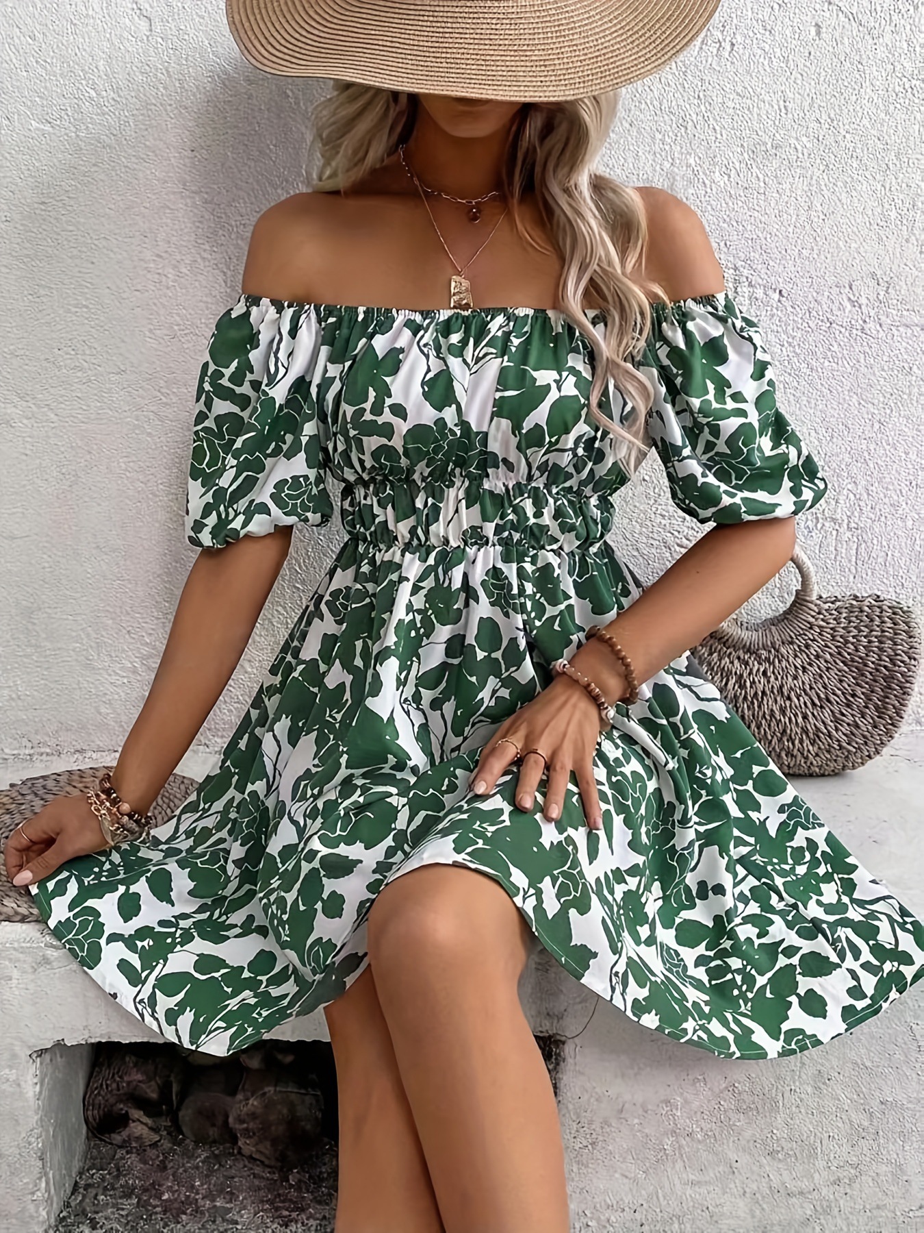 New Printed Casual Off Shoulder Dress Loose Floral Print Dress Plus Size Women's Clothing