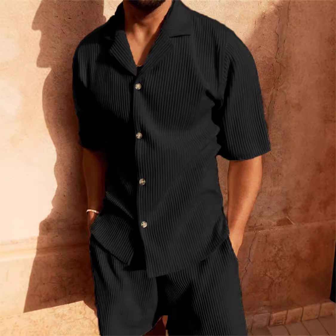 Men's Summer Solid Color Corduroy Casual Shirt Sets Comfortable Outfits for Daily Wear