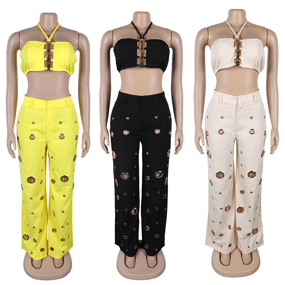 C Fashion Sexy Street Wear Halter Sleeveless Hollow Top Unique Ring Pant Piece Set Woman Clothing