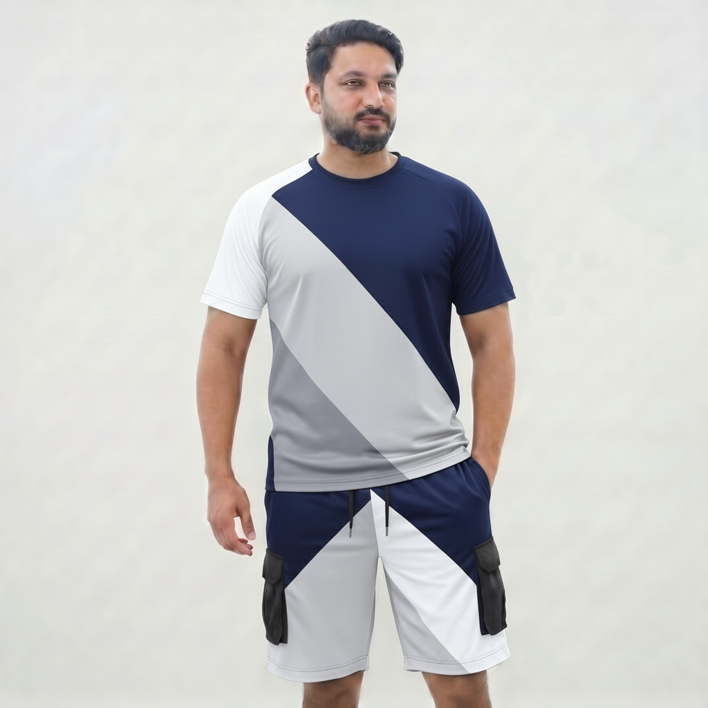 Men's Geometric Print Sporty Shirt Set Round Neck Quick Dry Knitted Summer Outfit Blue Hexagon Pattern