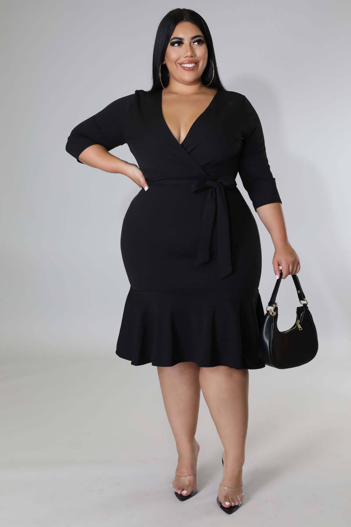 2024 Plus Size Women's Half Sleeved Elastic Deep V Ruffled Cuffs Plus Size Dress