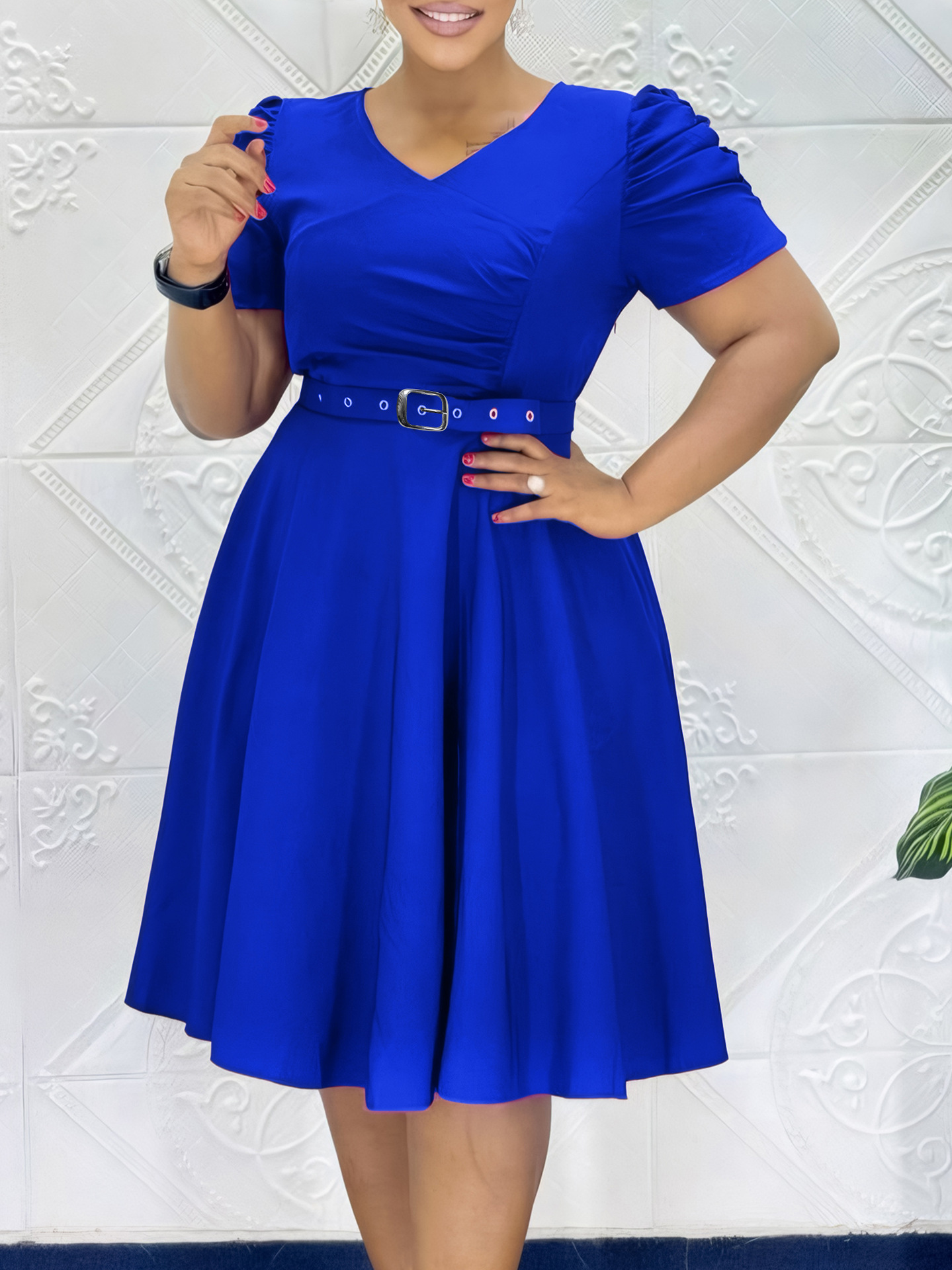 TPY0 Trendy Summer Casual Dresses Women Lady Elegant V-Neck A-Line Short Sleeve Ruched Dresses for Women Clothing Dress