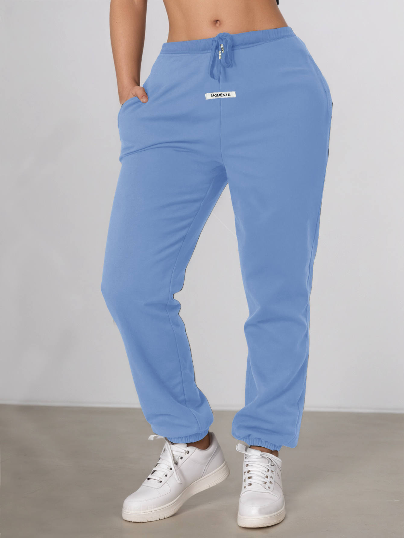 Women's Relaxed Style Cuffed Pants - Light Hazy Blue High-Waisted Drawstring Trousers for Daily Wear