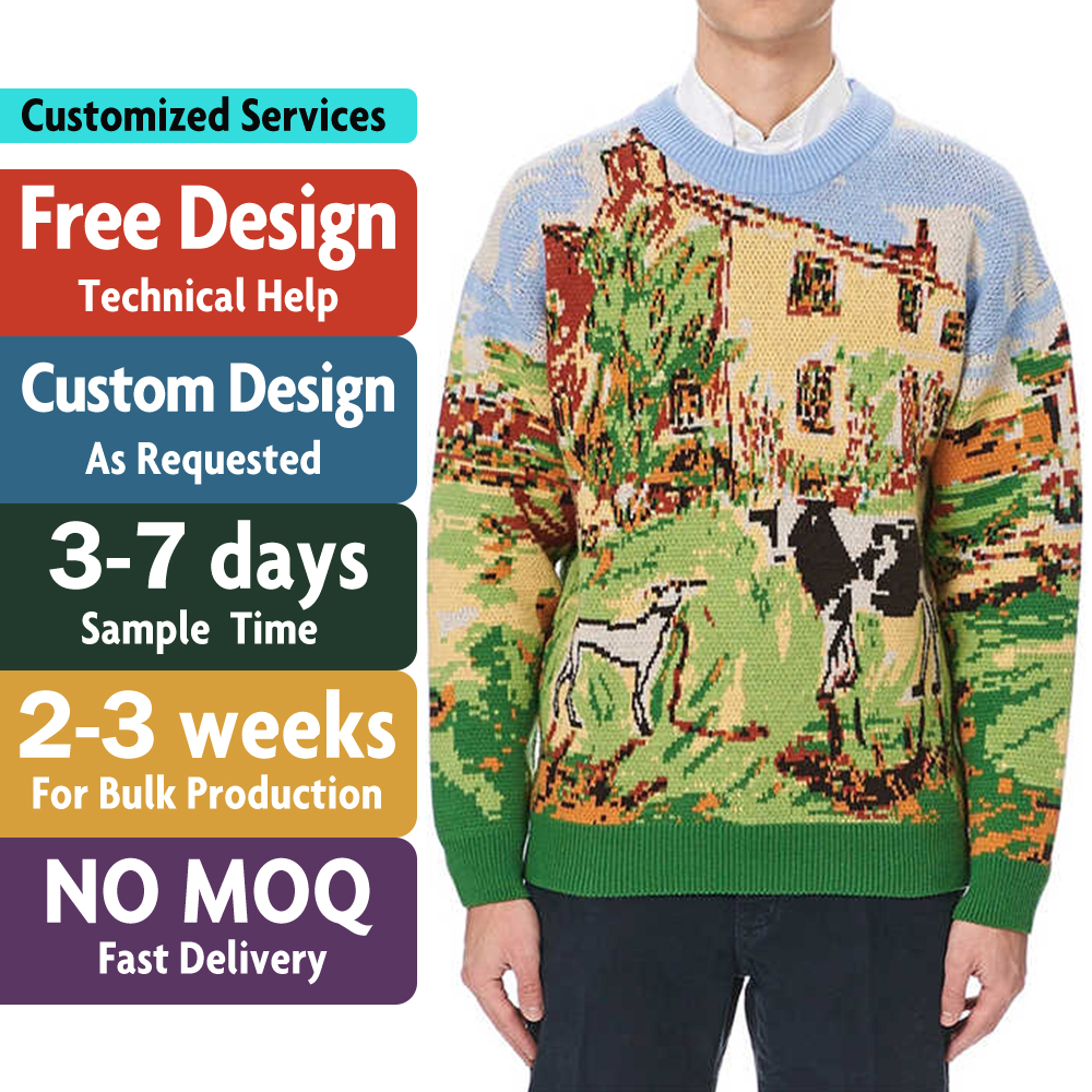 Custom LOGO OEM Men Sweater Jacquard Pattern Knitwear Winter Pullover Jumpers Casual Cotton Knitted Top Custom Crew Neck Sweater