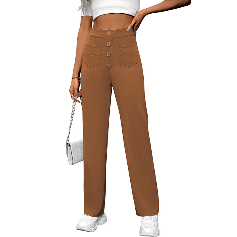 Women's Vintage High Waist Straight Pants with Button Pockets Loose Wide Leg Fashionable Anti-Wrinkle Trousers