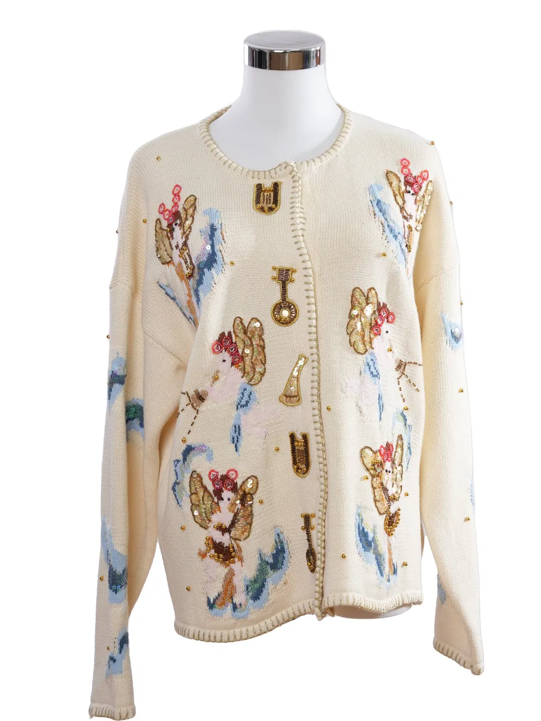 Women's 647g Midweight Cotton Knit Cardigan Outerwear Featuring Delicate Sequin