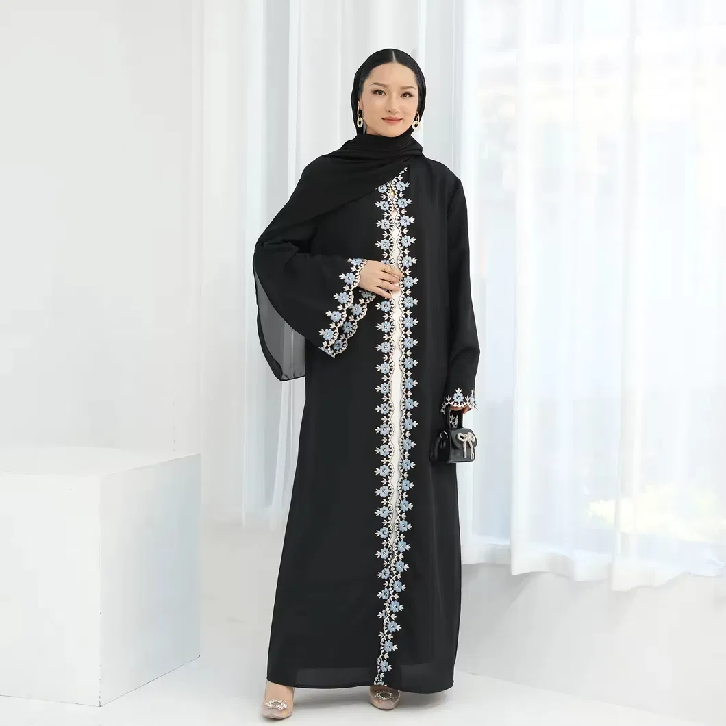 Fashion Flower Embroidery Arab Black Abaya Styling