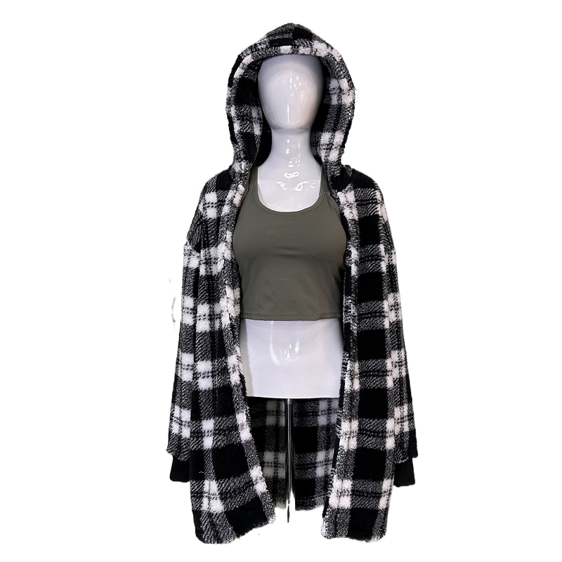 Winter Plush Women's Coat New Style Long Sleeved Checkered Hooded Loose Coat Women's Outerwear