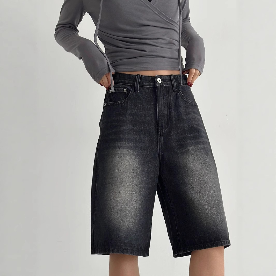 Korean Style Summer Pants Breathable Loose Jeans Front Logo Washed Black Petite Mid-Length Pants