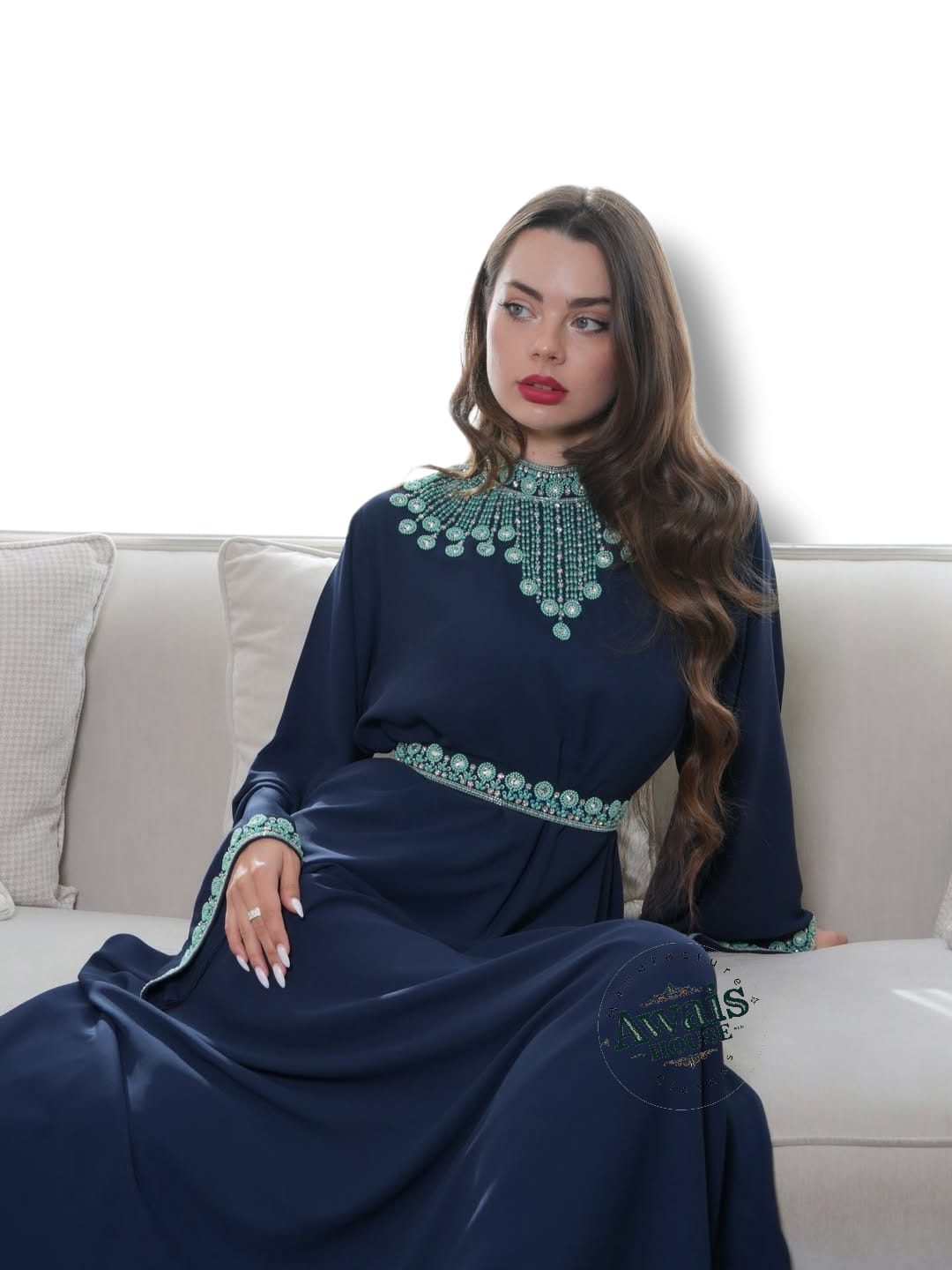 Long Islamic Modest Eco-Friendly Beaded Fancy Partywear Evening Chiffon Solid Nonwoven Straight Floor-Length V-neck Abaya Caftan