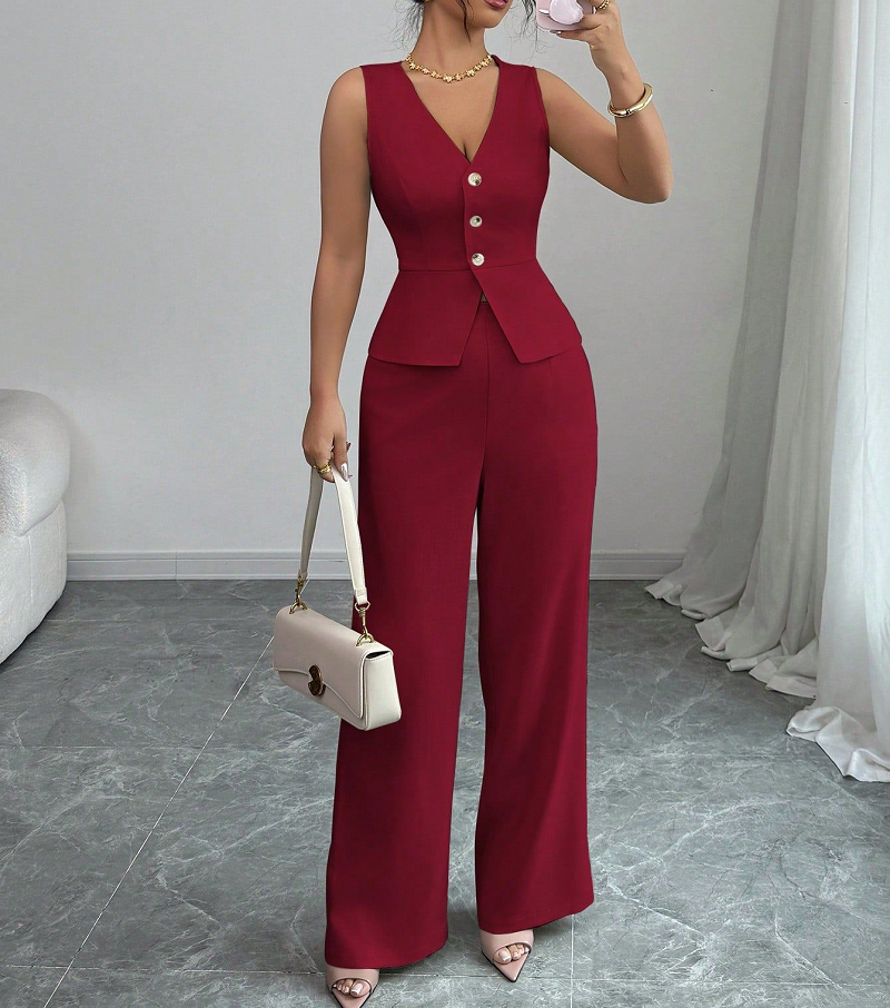 Women Elegant V Neck Collarless Office Suit Formal Business Vest Wide Leg Pants Set Stretch Woven Full Length OL Workwear