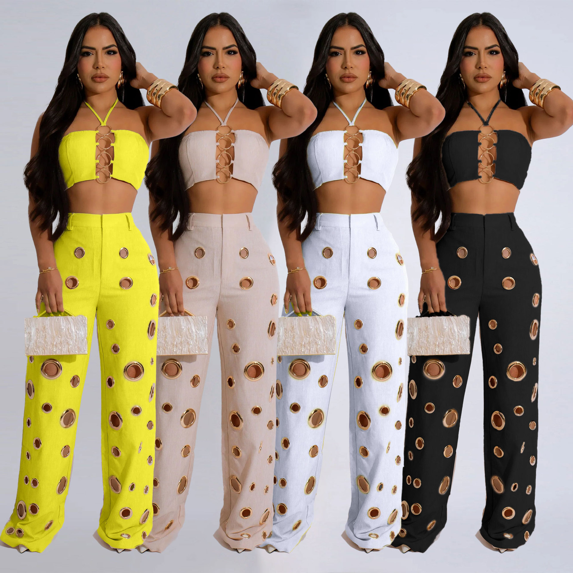 C Fashion Sexy Street Wear Halter Sleeveless Hollow Top Unique Ring Pant Piece Set Woman Clothing