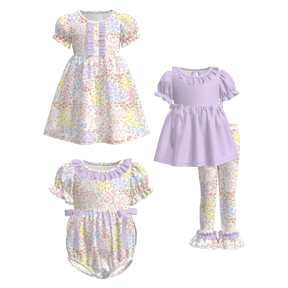 Preorder MOQ 5 Small Flowers Bows Little Girls Outfits Dress Romper Wholesale Sisters Summer Children Clothing Boutique Clothes