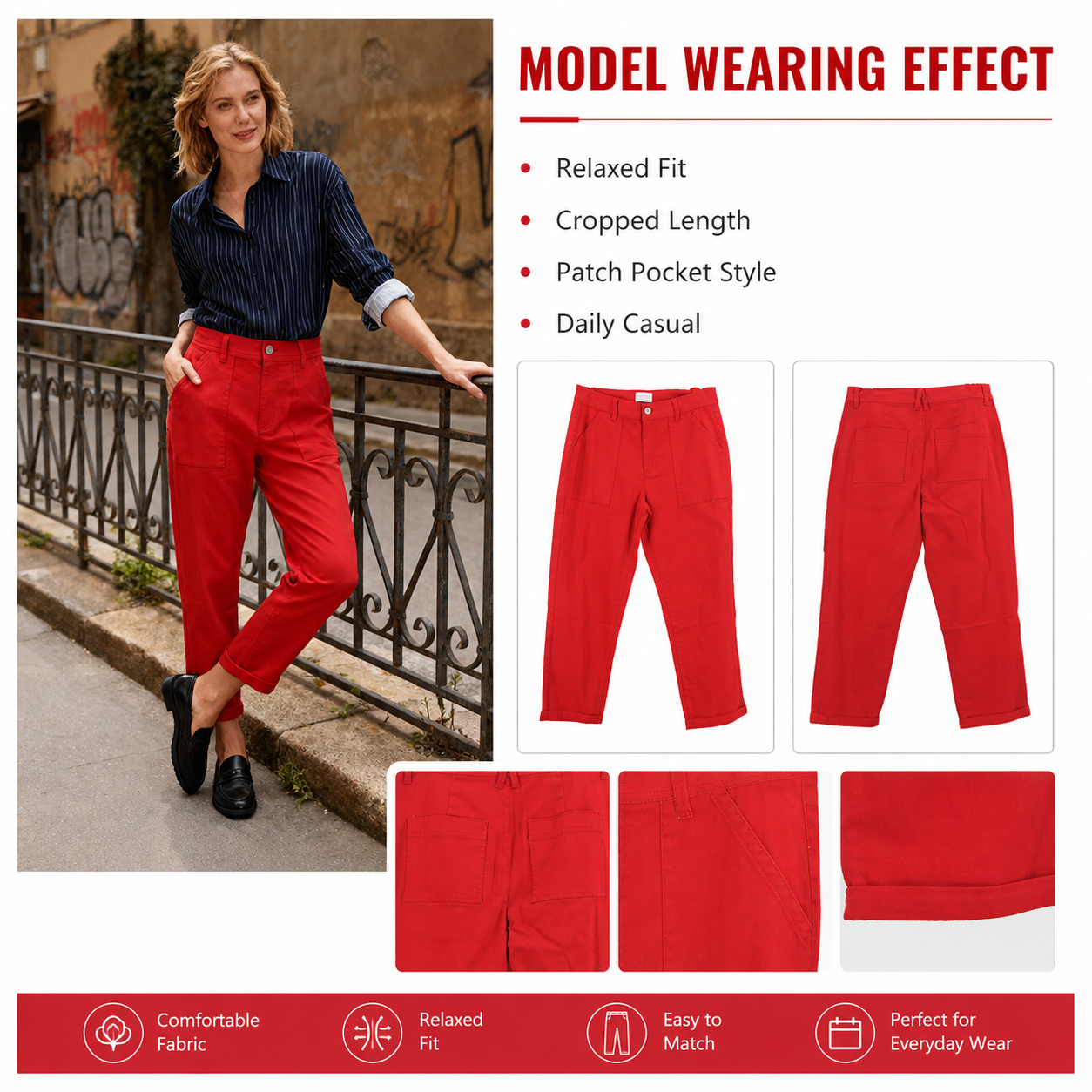 New Women's Casual Breathable Washed Mid Waist Patchwork Regular Fit ODM Trousers