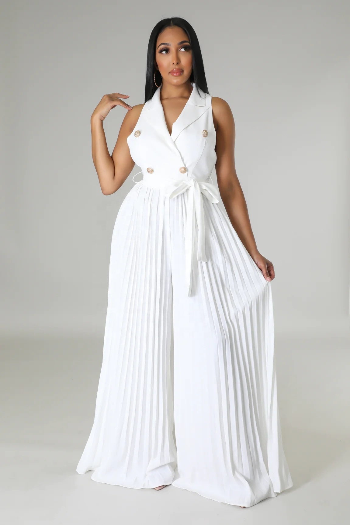 European Fashion Sexy Spring/Summer V-neck Sleeveless Backless Loose Polyester/Cotton Elegant Streetwear Pleated Wide-leg