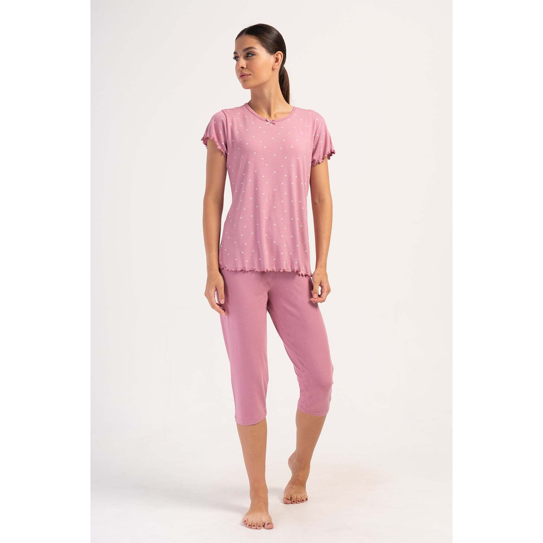 KADIN LYC VISCON XXL Women's Plus Size Sleepwear KAYIK YAKA FIYONKLU BIBILALI KISA KOL KAPRI TAKIM