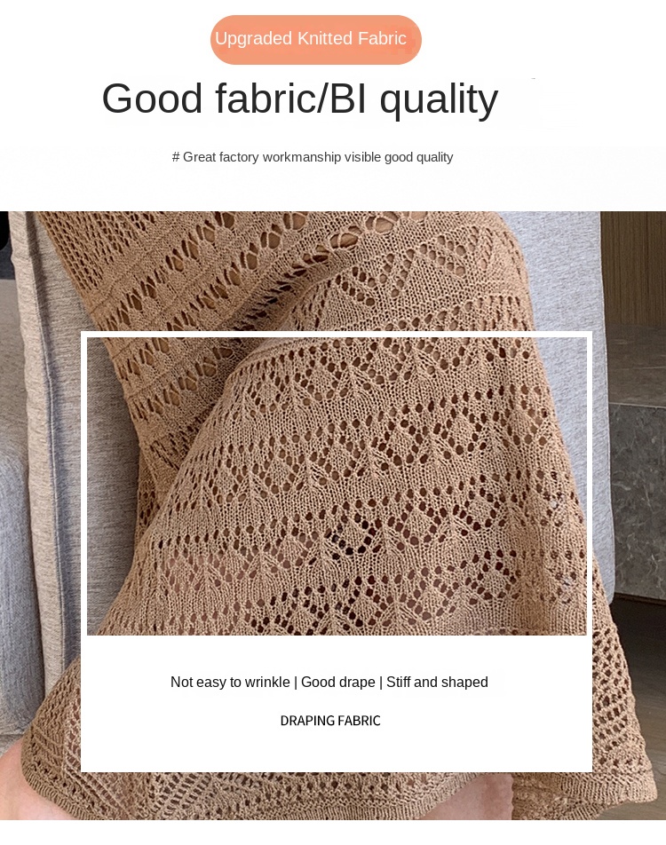 Women's Spring Summer A-Line Casual Breathable Natural Waist Midi Skirt Solid Lace Knitted Design Apricot Color Dushan
