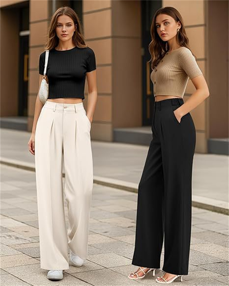 Women's Casual Loose Fit Straight Suit Pants Business Work Wide Leg Long Trousers High Elastic Back Breathable Elastic Waist