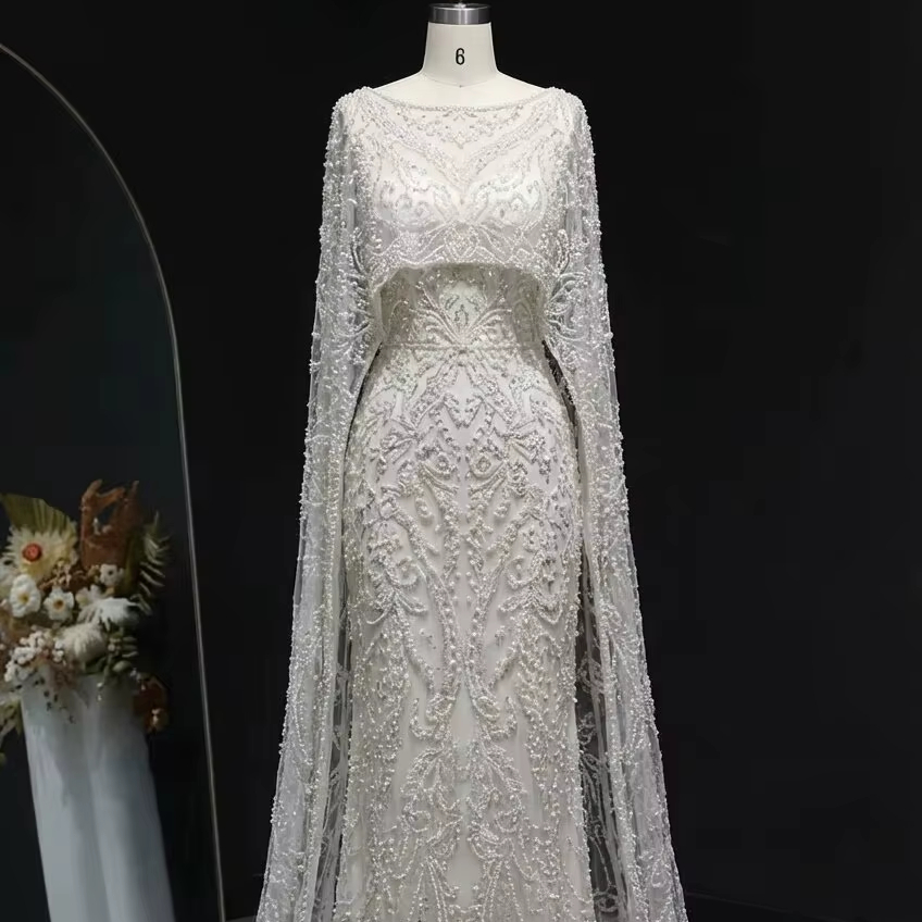 Premium Quality Eco-Friendly Mermaid Formal Dress Shell Inspired Beadwork Cap Sleeve Floor-Length Backless Built-in Bra Evening