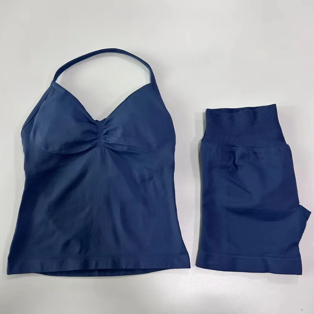 2pcs Gym Set for Women Backless Tank Tops Scrunch Seamless Shorts XL Fitness Activewear Breathable Workout Apparel Solid Summer
