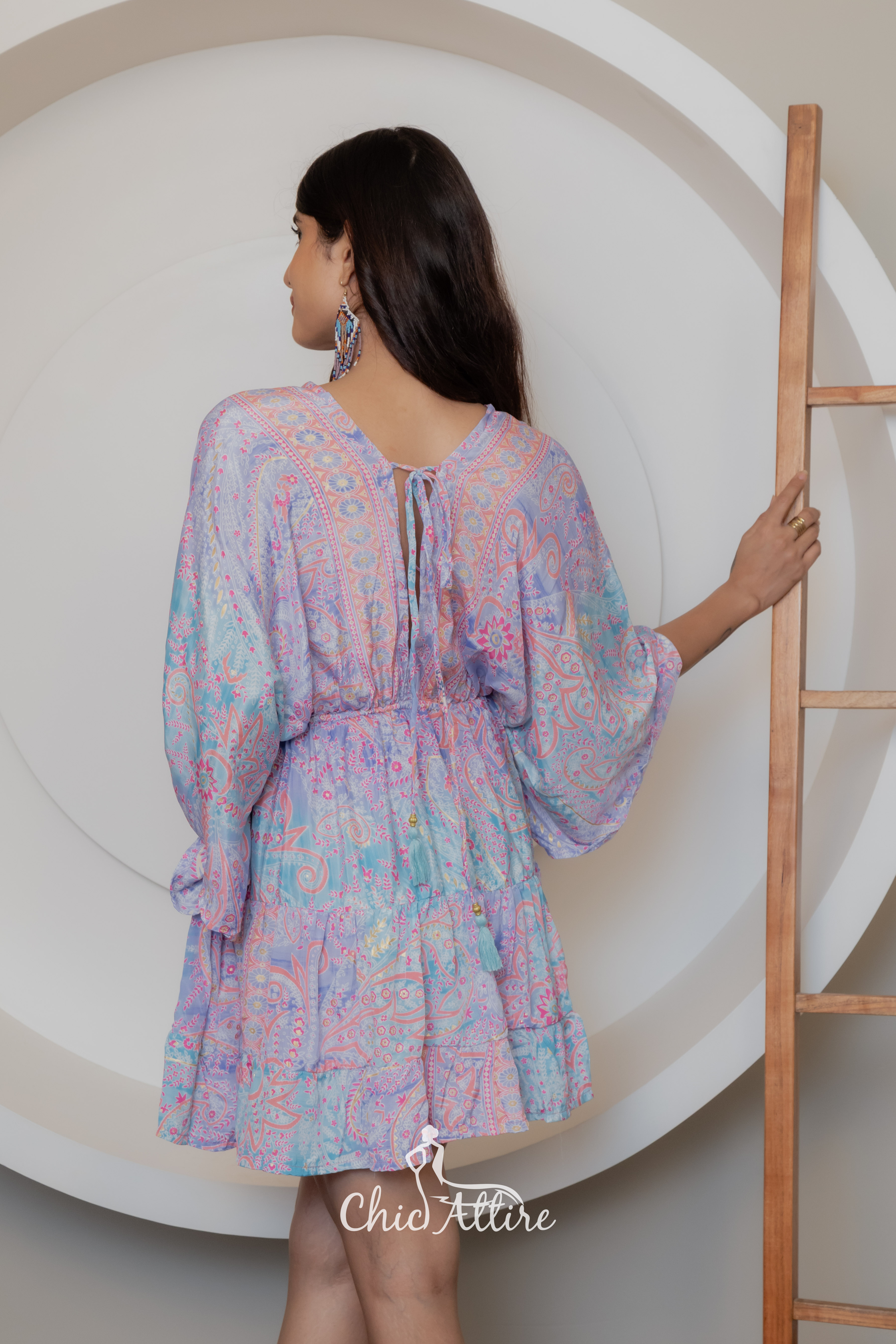 Summer Bohemian Mini Dress with Short Sleeves Rainbow Colored Pullover Viscose for Club &amp; Beach Wear Holiday Dress