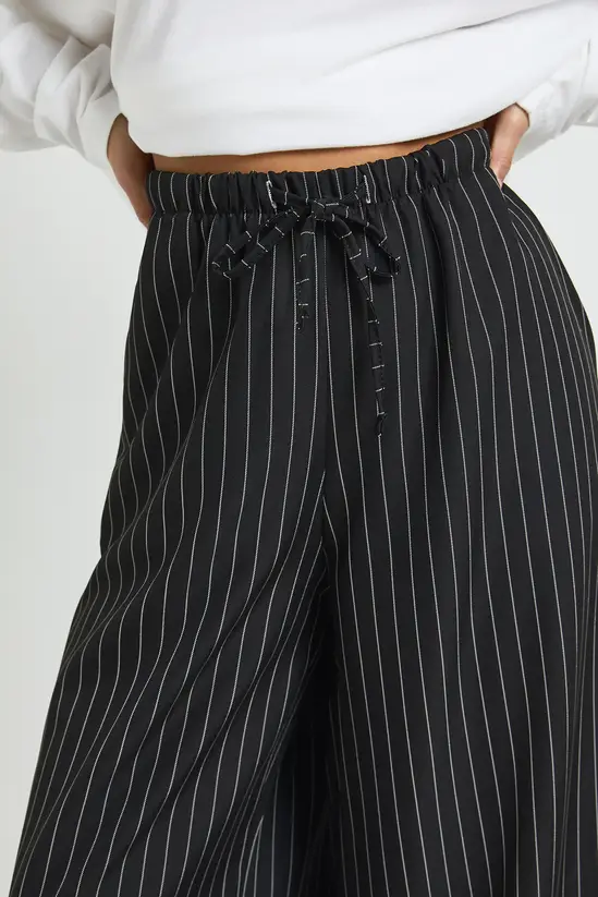 Women's Petite High Waisted Drawstring Stripe Wide Leg Trousers Casual Breathable Anti Pilling Comfortable Pants