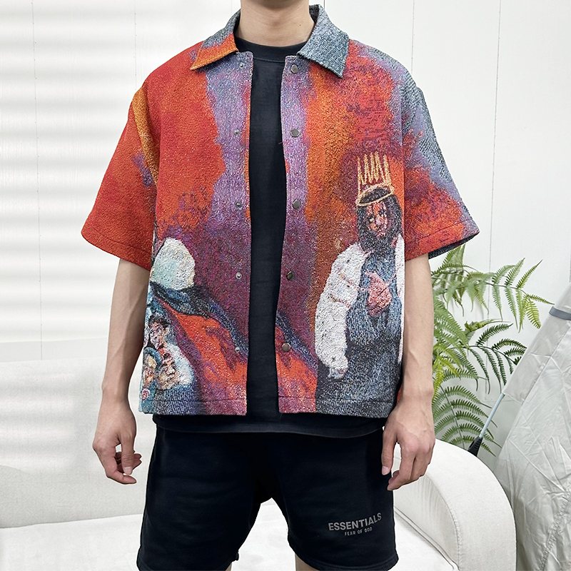 Custom Plus Size Tapestry Woven Clothing Short Sleeves Jacket With Zipper Tapestries Shirts Street Style Clothing