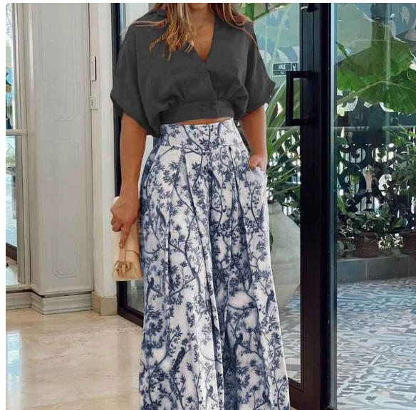 Manufactory Custom Style or Logo ODM Summer Plus Size Women's Clothing V-neck Shirt and Wide-leg Pants Causal Two Piece Sets