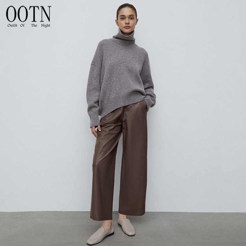 OOTN Women's Elegant Brown PU Leather Casual Trousers Office Ladies Straight Pants for Streetwear ODM Supply