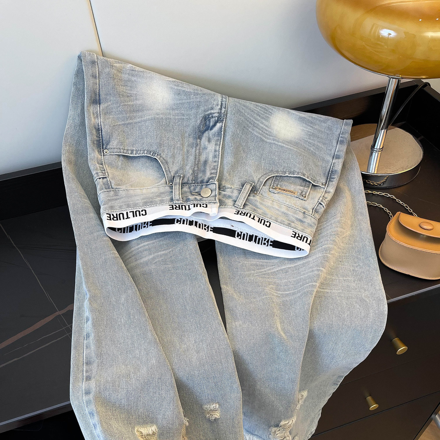 American Vintage Patchwork Ripped Light Blue High Waist Slim Fit Loose Wide Leg Pants for Women