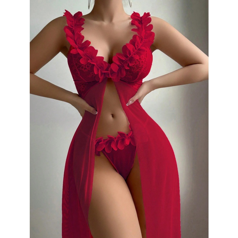 2025 New Arrival Sexy Women's Nightgown Set - Lace Trimmed Split Design Long Sleepwear, Erotic Loungewear Two-Piece Set