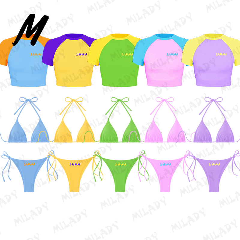 Custom Logo Fitness Sexy Swimsuit 3 Piece Set Micro Mini Bikini T Shirt Luxury Swimwear Beachwear Bathing Suit for Women 2025
