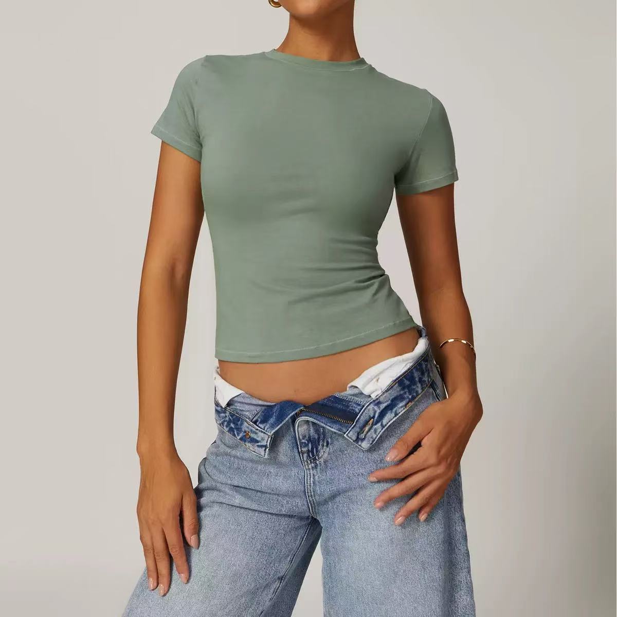 Wholesale Custom Ladies Sexy Cropped Tshirt Rhinestone 95% Cotton 5% Spandex Tight Slim Fit Crop Tops Tee T Shirt For Women