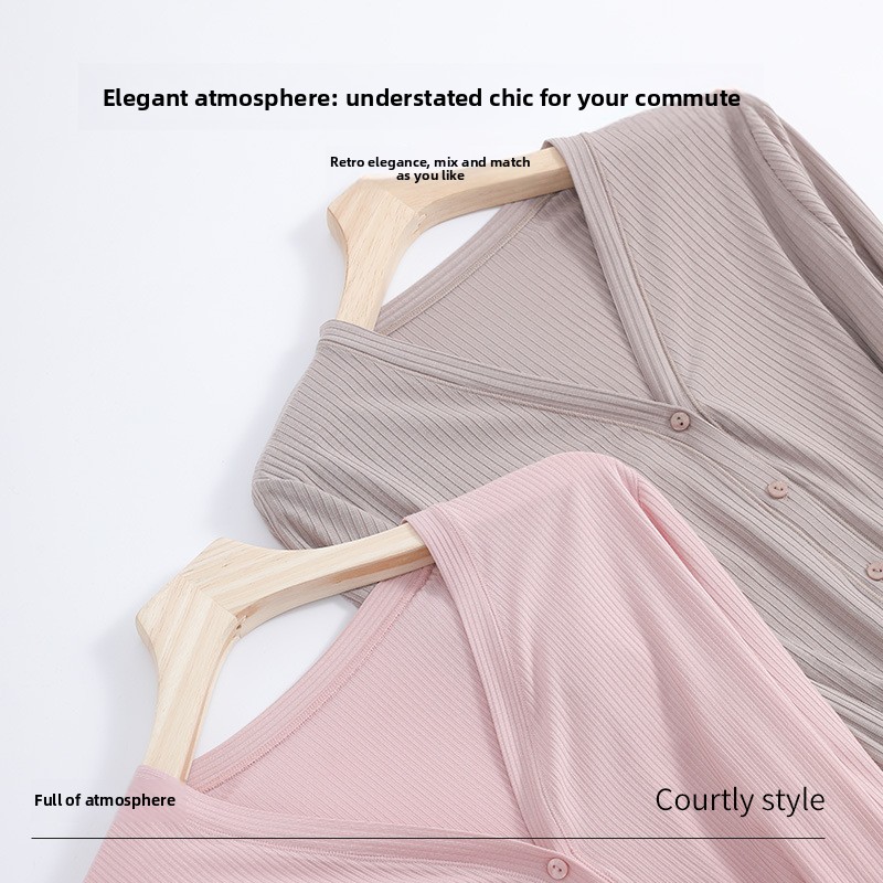 Spring/Summer 2026 New Women's Vintage Thin Knitwear Long-Sleeved Cardigan for Middle-Aged Elderly Petite Ribbed Ice-Silk Blouse