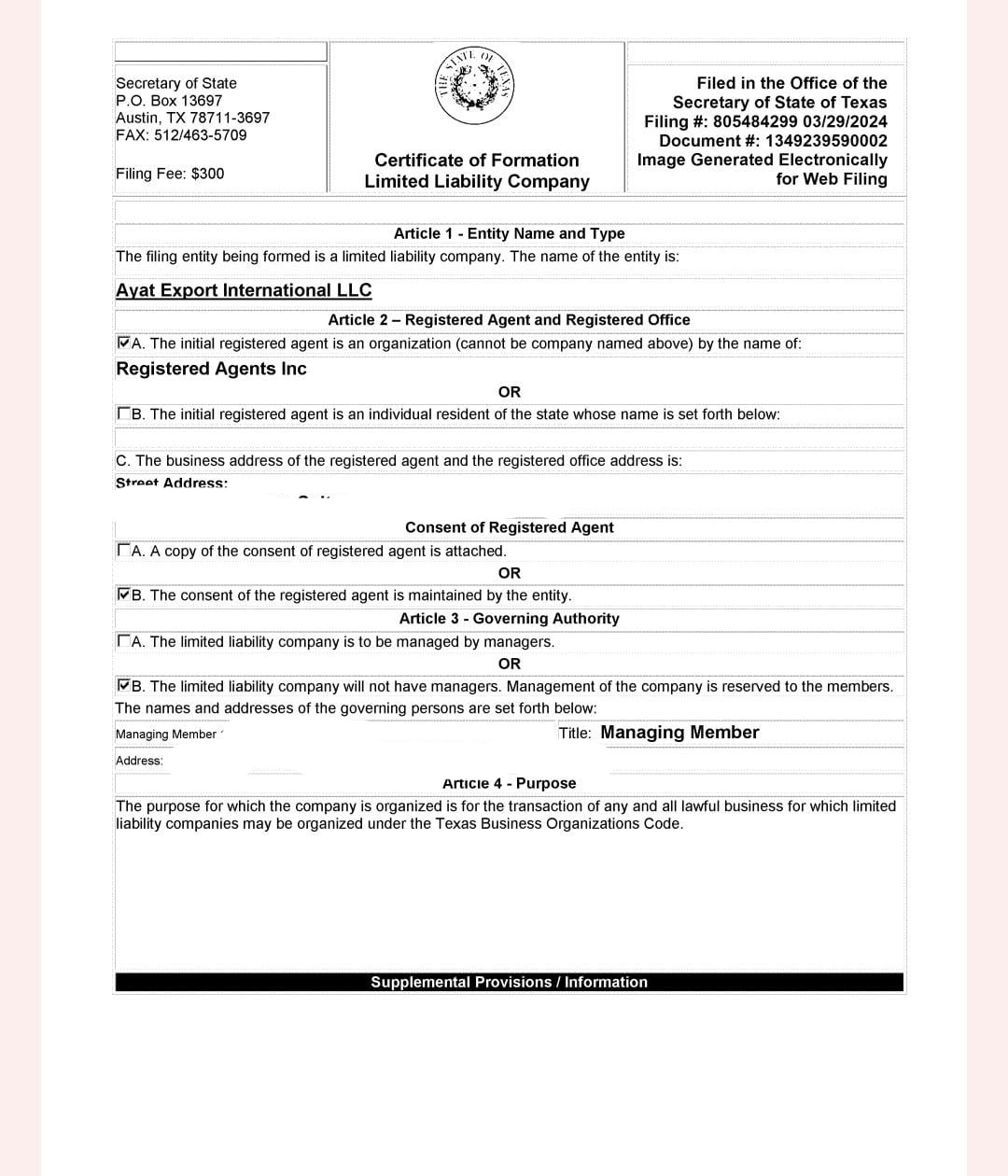 Formation Certificate