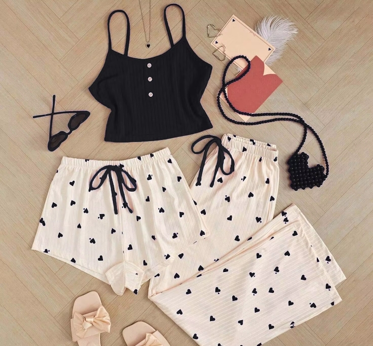 Women's Sleepwear Sexy Solid Cami Top Flower Print Shorts Pants Home Wear Pajamas Set Korean Sexy Soft Milk Silk 3in1 Nightwear