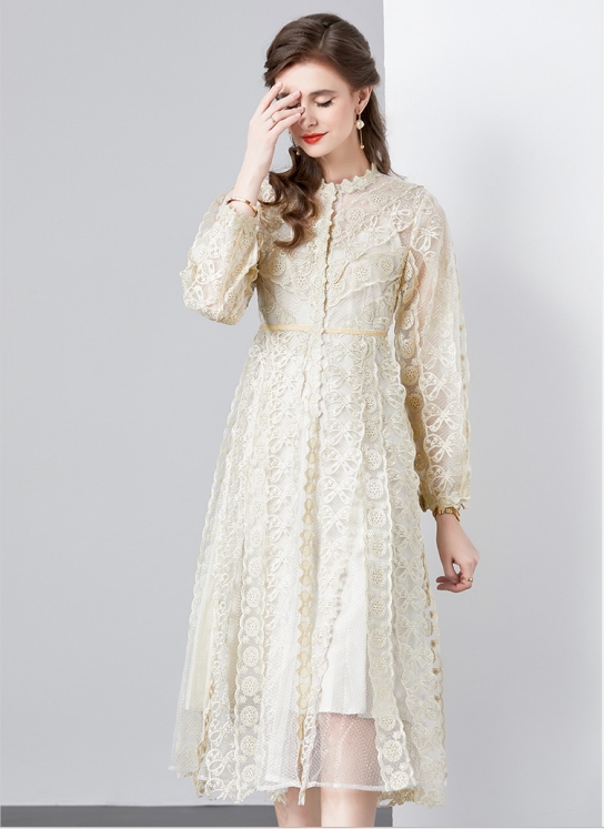 2023 Women's Spring New Embroidered Perspective Mesh Waist Closing Heavy Industry Dress