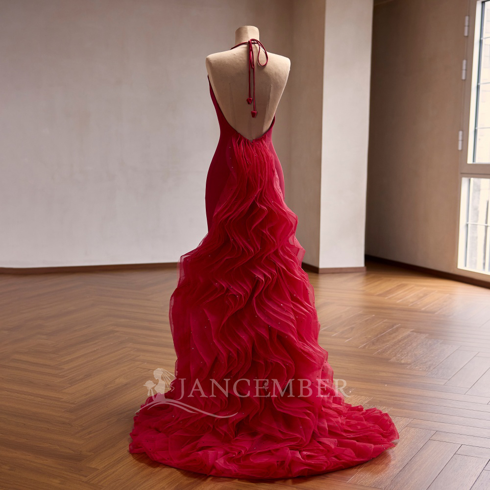 Rsm251077 Elegant Red Halter Evening Dress Sleeveless Ruffles Customizable Prom Gown Jancember