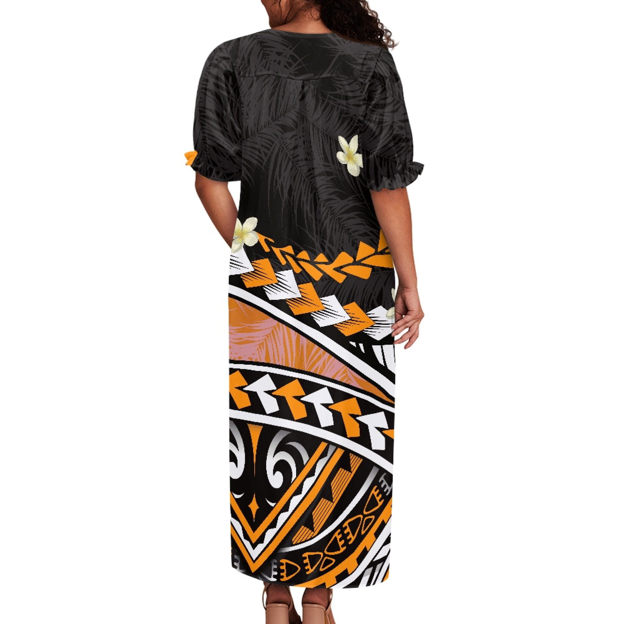 Large Size Customized Polynesian Clothing Women Elegant Puff Sleeve Maxi Dress Hibiscus Flower Print Women's Mumu Dress Hawaiian