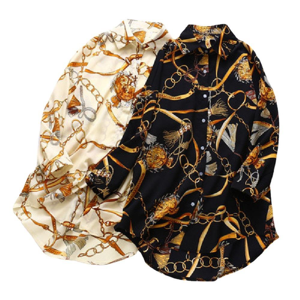 Women Chain Print Blouses Elegant Long Office Shirts Design Chiffon Sunscreen Long-Sleeved Shirt Women'S Fall Luxury Clothes Top